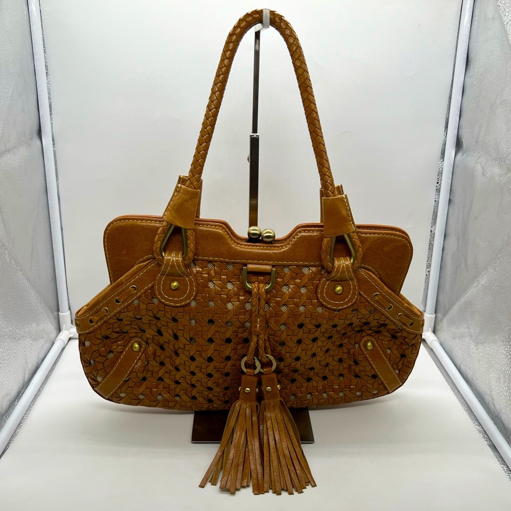 RAFÉ Tan Brown Woven Leather Tassel Antique Braided Strap Shoulder Bag